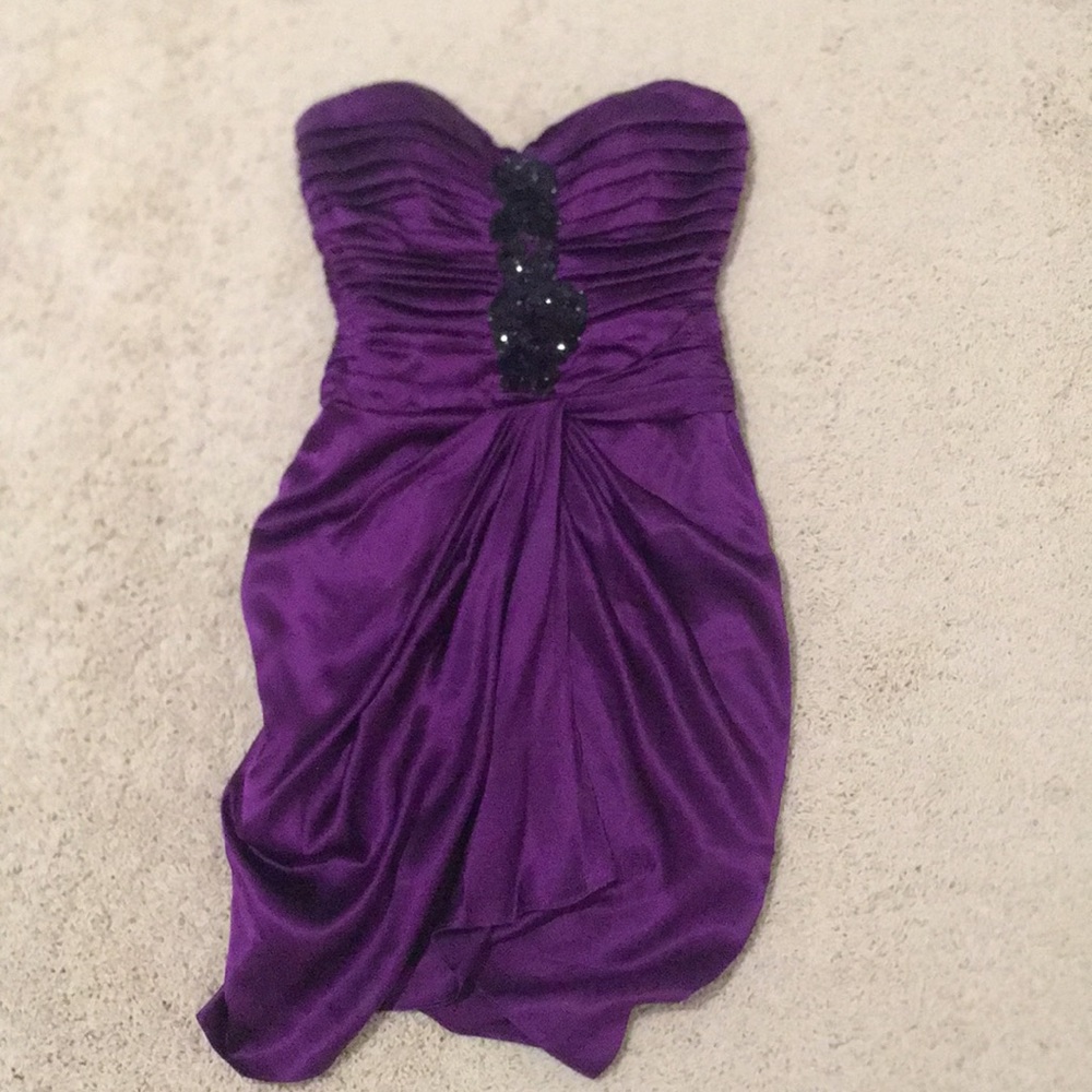 bebe Strapless Purple Satin Dress with Black Sequin Detail